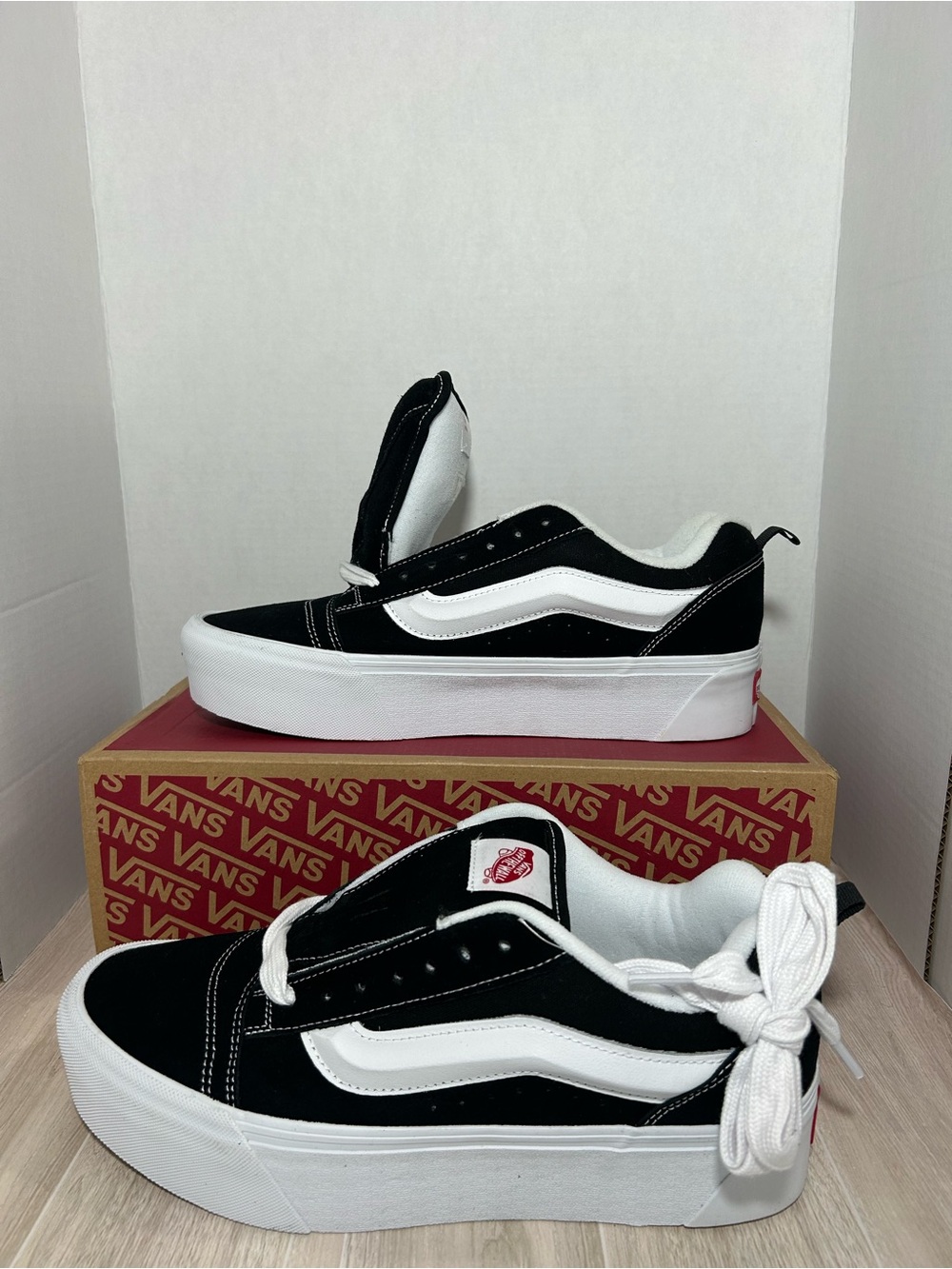 Vans Black and White Knu Stack Platform Shoes | Size 12